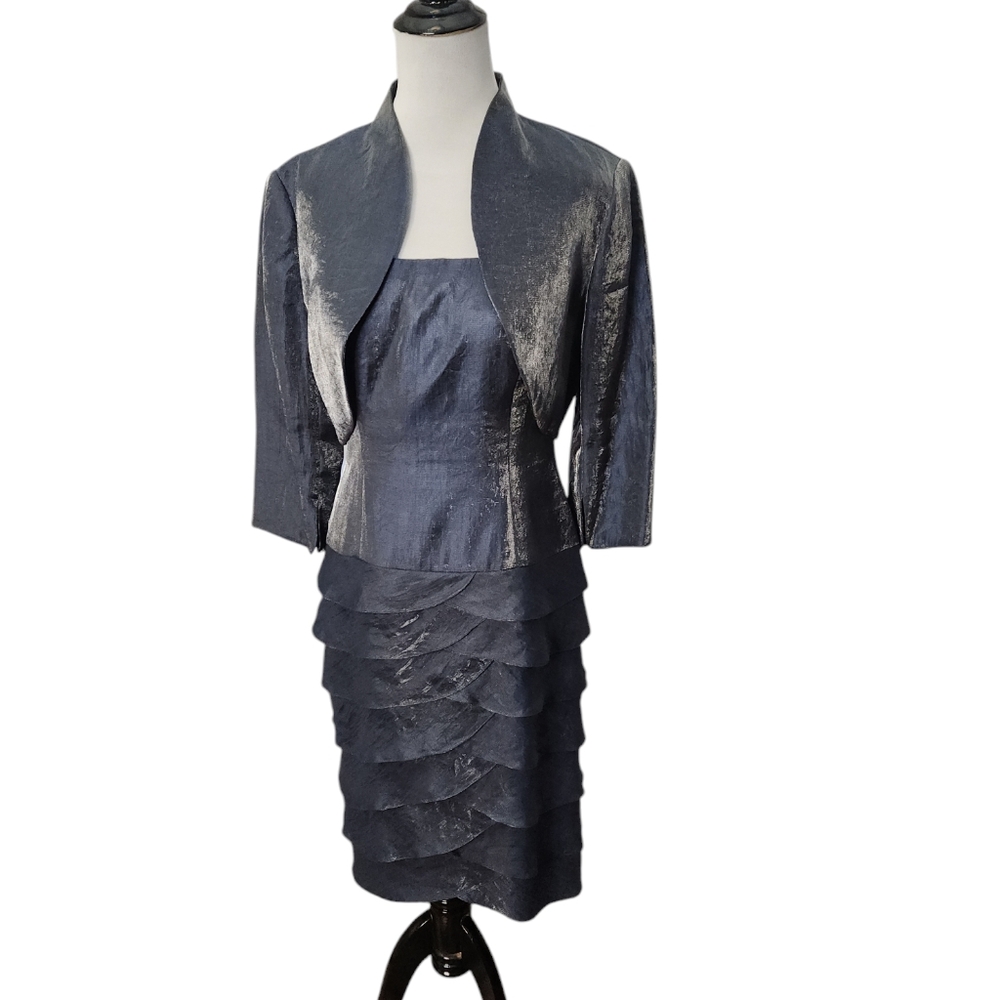Adrianna Papell Occasions Blue Tiered Strapless Cocktail Dress w Bolero Size 8